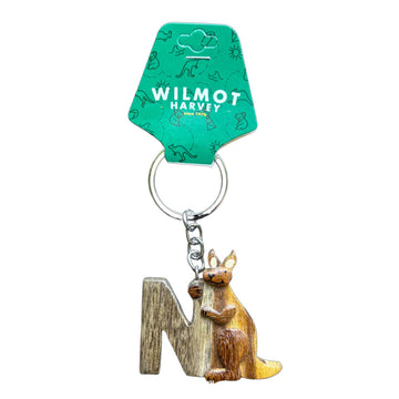 Keychain with a letter 'N' and a kangaroo, attached to a green tag with 'Wilmot Harvey' branding.