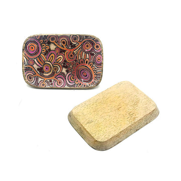 A wooden oblong shaped trinket dish with a plain back and printed with artwork on the inside.
