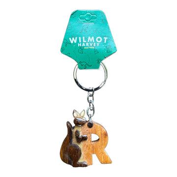 Keychain with wooden kangaroo design and 'Wilmot Harvey' branding on a white background