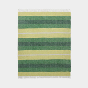 Striped green and yellow throw on a white background.