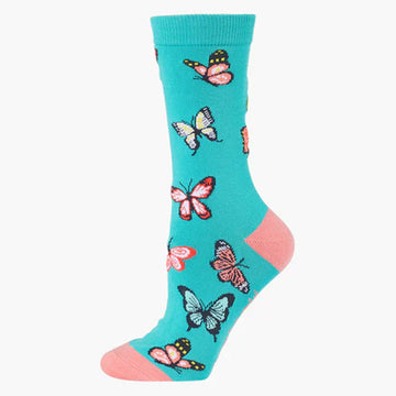 A green blue sock with a pink heel and toe printed with butterflies.