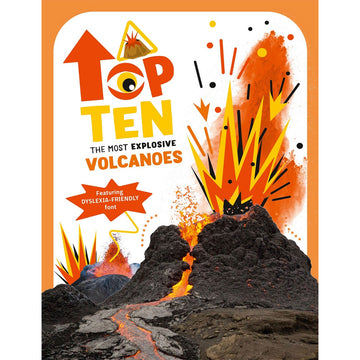 'Top Ten The Most Explosive Volcanoes' book cover featuring a mix of a photo and illustration of a volcano erupting.