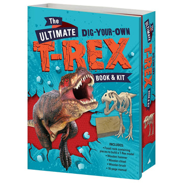A box titled 'The Ultimate Dig Your Own T Rex Book and Kit' with a picture of a T Rex and a T Rex skeleton on a blue background.