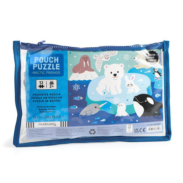 A clear pouch with a blue zipper and product information about a puzzle inside.