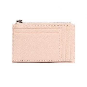 Front view of a light pink card holder with a zip along the top.