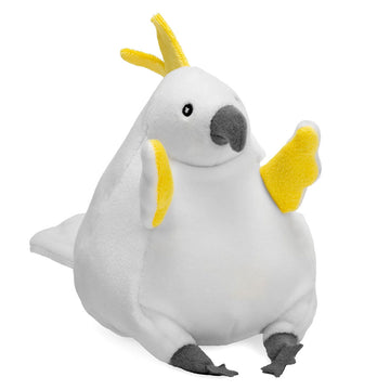 Plush toy cockatoo with yellow crest and gray feet on a white background