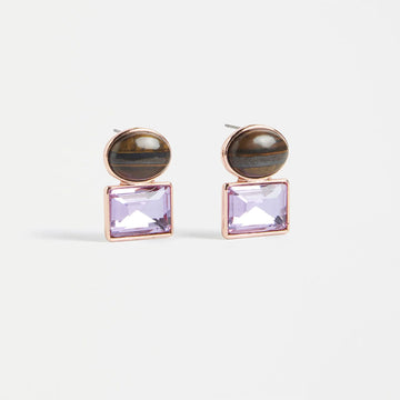 An image of a drop earring with a oval tigers eye stud with a pale pink square glass drop.