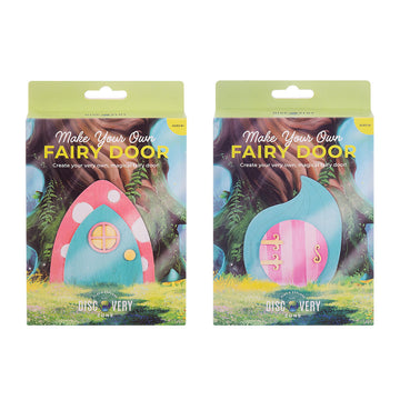 Display of 'Make Your Own Fairy Door' kits with colorful packaging.