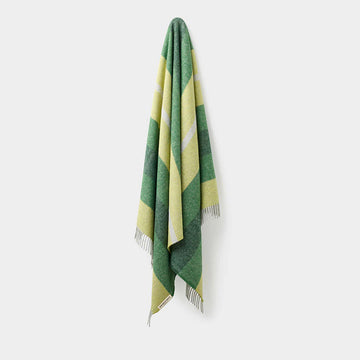 Striped green and yellow throw on a white background.