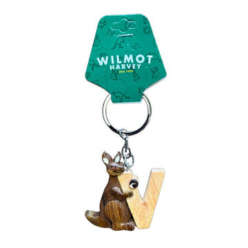 Wooden kangaroo keychain with a wooden letter 'V' on a green tag with 'Wilmot Harvey' branding.