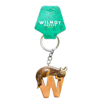Keychain with wooden letter 'W' and kangaroo charm on a white background