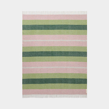 Striped throw with pink and green horizontal stripes on a white background.