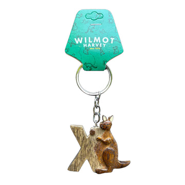 Keychain with a wooden letter 'X' and a kangaroo, branded 'Wilmot Harvey', on a white background.