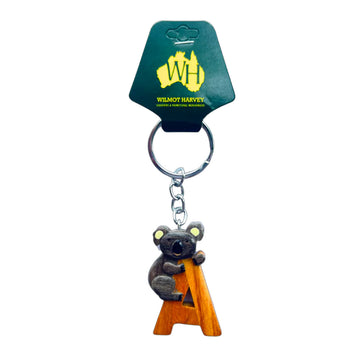 A wooden keyring with a koala and the letter A.