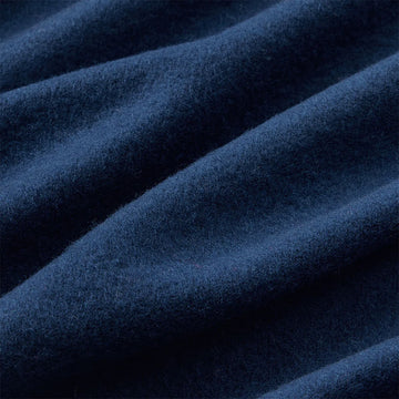 Navy blue scarf with fringes on a light gray background.
