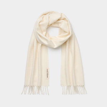 Cream-colored scarf with brand logo on a white background.
