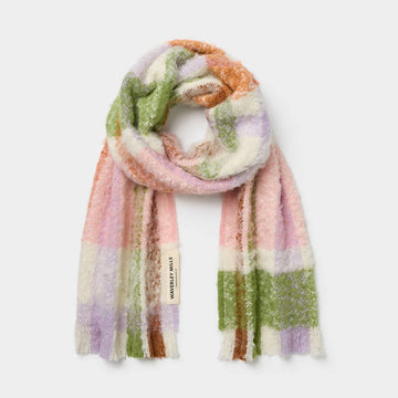 Multicolored scarf with a brand label on a white background.