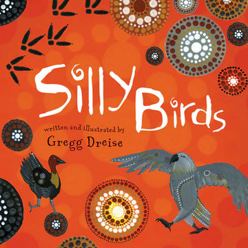 'Silly Birds' book cover with an illustration of two different birds with a circle pattern on an orange background.