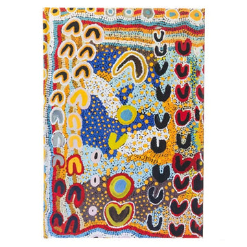 An A5 sized hardcover journal with artwork by Rosie Lala on the front with arches in black, red and yellow on a blue and yellow background.