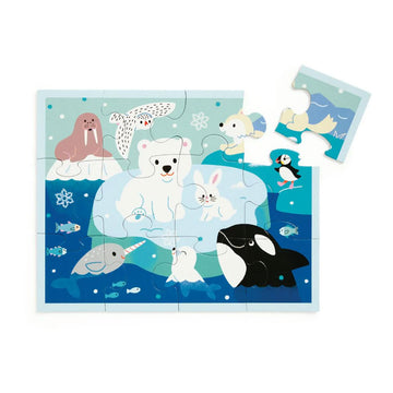 A clear pouch with a blue zipper and product information about a puzzle inside.