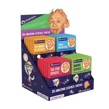A display of four different science kits in different colours with an illustration of Einstein. 