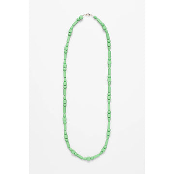 A necklace featuring square and round beads in mint green.
