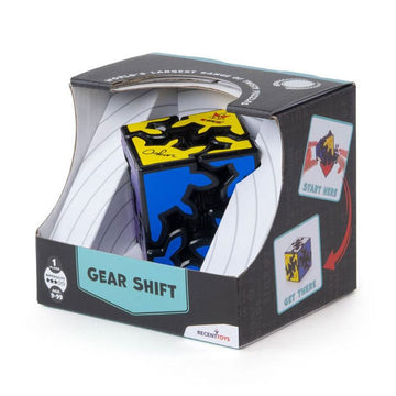 A 3D cube puzzle made up of shifting gears inside a box with the heading 'Gear Shift'.
