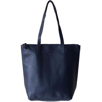 A navy tote with shoulder handles and Hoopla Embossed in the front.
