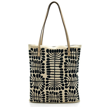 Front view of a tote bag printed with black motifs on a natural coloured base.