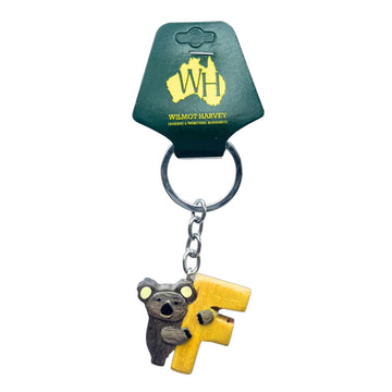 Keychain with koala design and yellow 'F' on a green card with Wilmot Harvey logo.