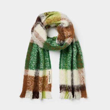 Plaid scarf with brown, green, and white colors on a white background.