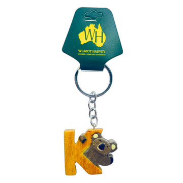 Keychain with koala and letter 'K' on a Wilmot Harvey branded card.