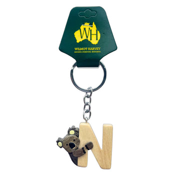 A wooden keyring shaped like a koala holding the letter N.