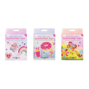 Three packages of 'Make Your Own Diamond Art' with colorful designs on a white background.