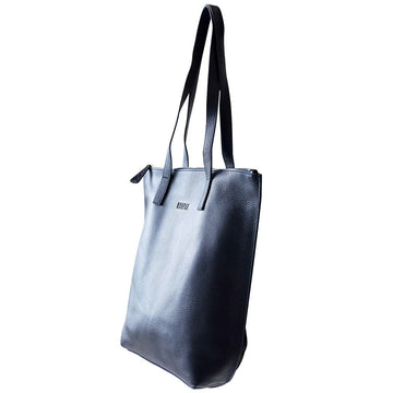 A navy tote with shoulder handles and Hoopla Embossed in the front.