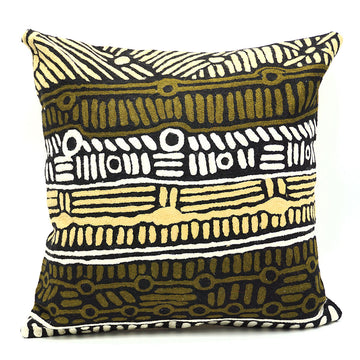 A square wool cushion printed with artwork by Lawrence Mitchell.