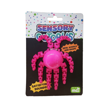 A pink octopus toy attached to a packaging card with the heading 'Sensory Octopus'.
