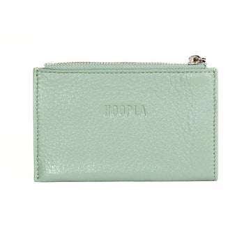 Front view of a sage green card holder with a zip along the top.