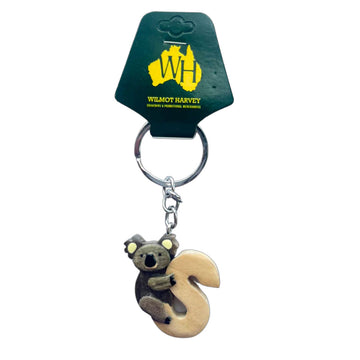 Keychain with a koala and wooden letter 'S' on a green backing card with 'WH' logo.