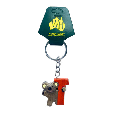 Keychain with koala and letter 'T' on a green card with Wilmot Harvey logo.