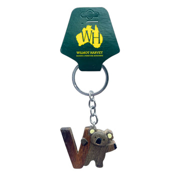 Keychain with koala design and 'Wilmot Harvey' packaging on a white background.