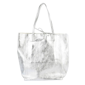 A large silver tote bag in a metallic finish.