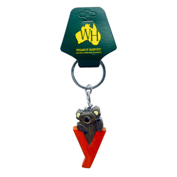 Keychain with a koala design on a red letter 'Y', attached to a green card with a logo and text.