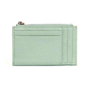 Front view of a sage green card holder with a zip along the top.
