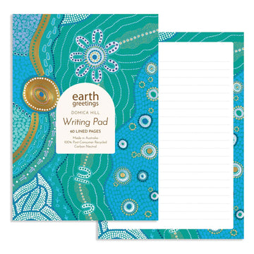 Writing pad with decorative cover in blue and green and 'earth greetings' branding
