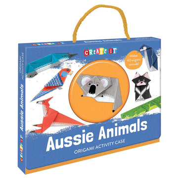 A box titled 'Aussie Animals Origami Activity Case' with images of origami in the shape of a koala, kangaroo, platypus and penguin.
