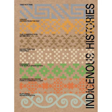 'Indigenous Histories' book cover featuring seven horizontal patterns on a light brown background.