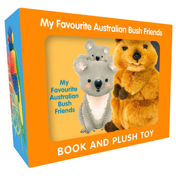 'My Favourite Australian Bush Friends' box with a window on the front showing the book and quokka plush toy inside. The book has an illustration of two koalas on the front.