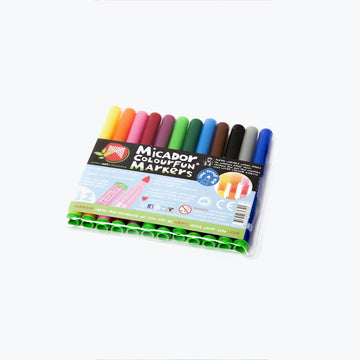 Set of 12 Micador Colourfun Markers on a white background.