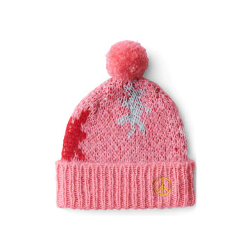 A pink knitted beanie with a matching pom pom on top. The beanie has a red and light blue star knitted into the design and a yellow peace symbol on the cuff.